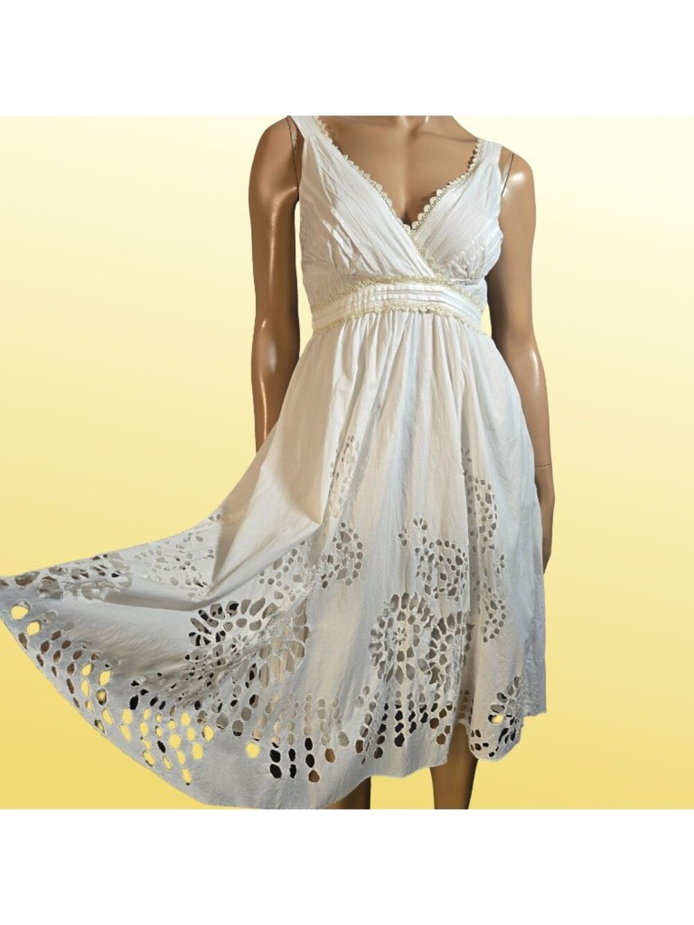 Vintage Rene Derhy White Cotton Eyelet Midi Dress Sundress Size S Cottagecore